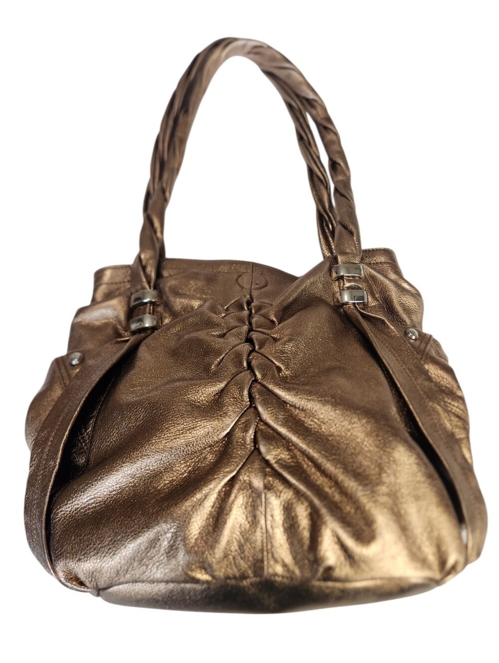 B. Makowsky Leather Gold Bronze Metallic Hobo Shoulder Bag